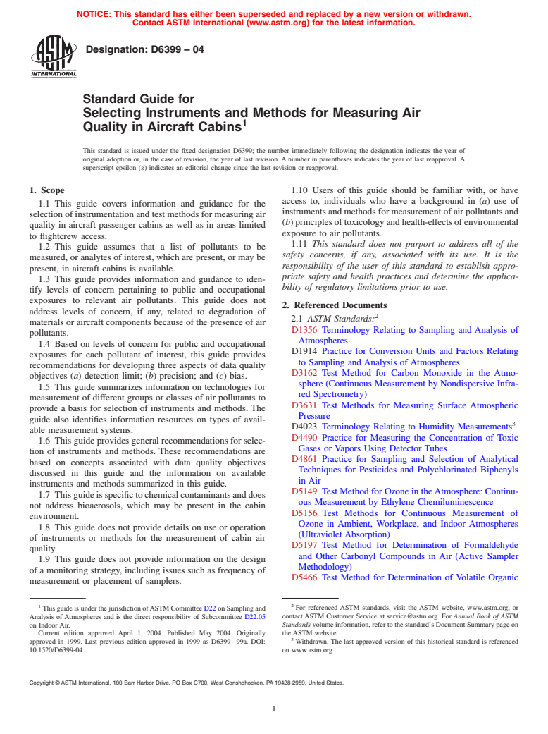 ASTM D6399-04 - Standard Guide for Selecting Instruments and Methods for Measuring Air Quality In Aircraft Cabins