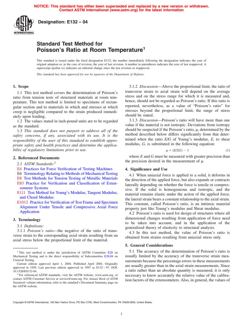 ASTM E132-04 - Standard Test Method for Poisson's Ratio at Room Temperature