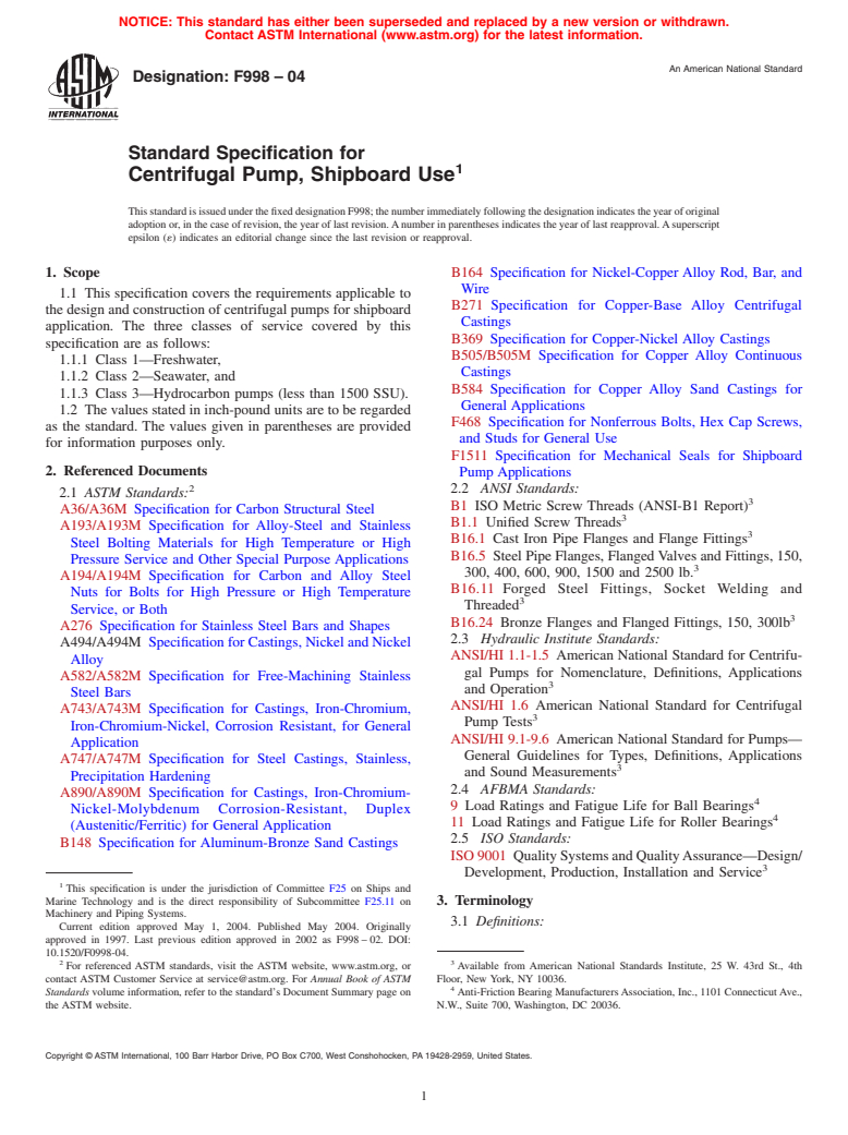 ASTM F998-04 - Standard Specification for Centrifugal Pump, Shipboard Use