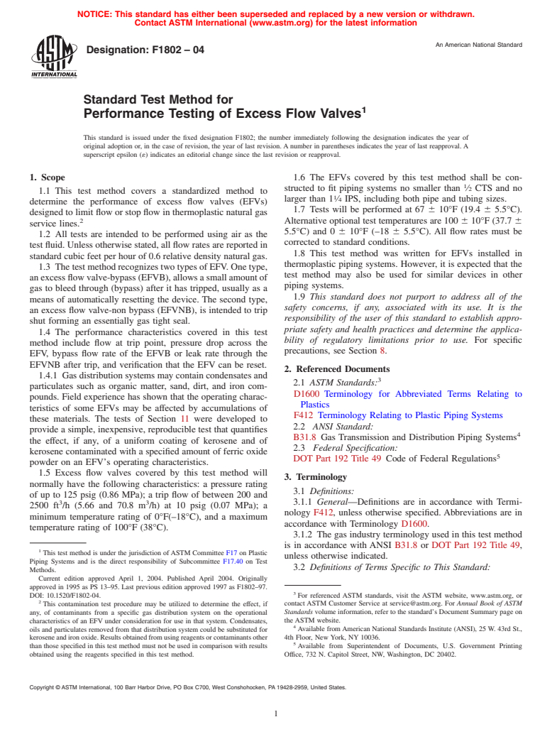 ASTM F1802-04 - Standard Test Method for Performance Testing of Excess Flow Valves