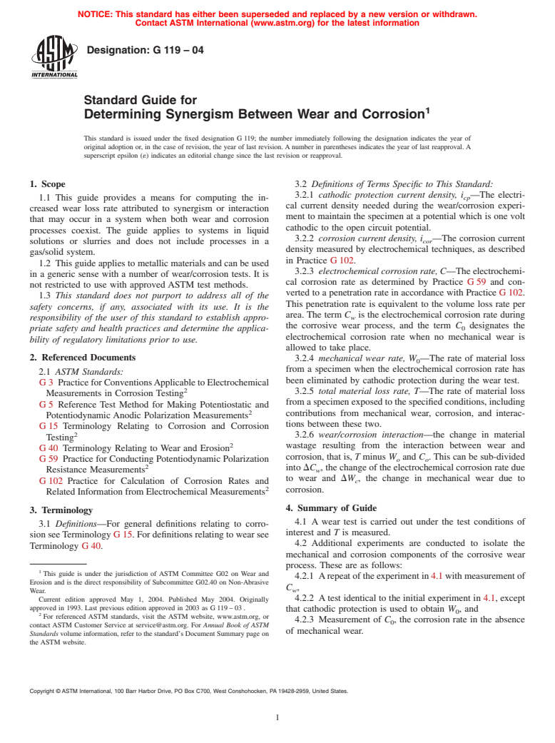 ASTM G119-04 - Standard Guide for Determining Synergism Between Wear and Corrosion