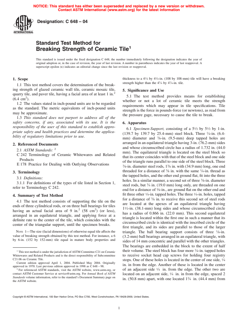 ASTM C648-04 - Standard Test Method for Breaking Strength of Ceramic Tile