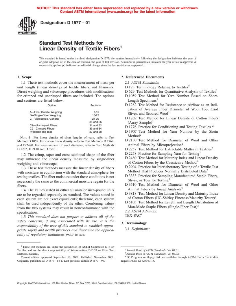 ASTM D1577-01 - Standard Test Methods for Linear Density of Textile Fibers