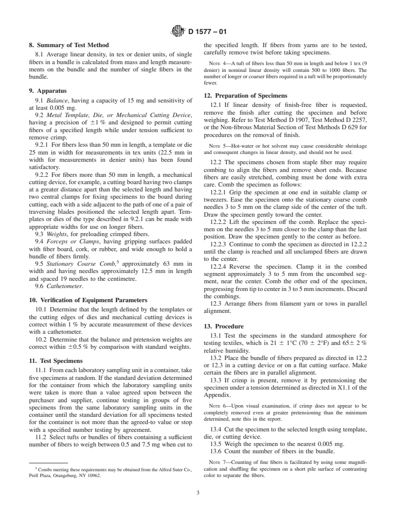 ASTM D1577-01 - Standard Test Methods for Linear Density of Textile Fibers