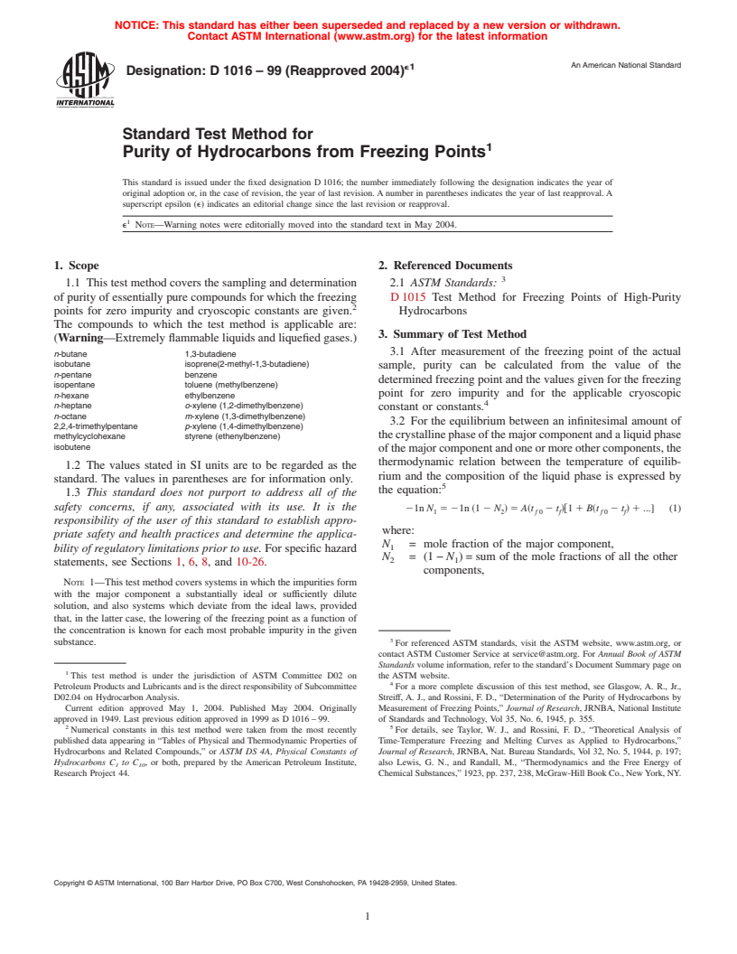 ASTM D1016-99(2004)e1 - Standard Test Method for Purity of Hydrocarbons from Freezing Points