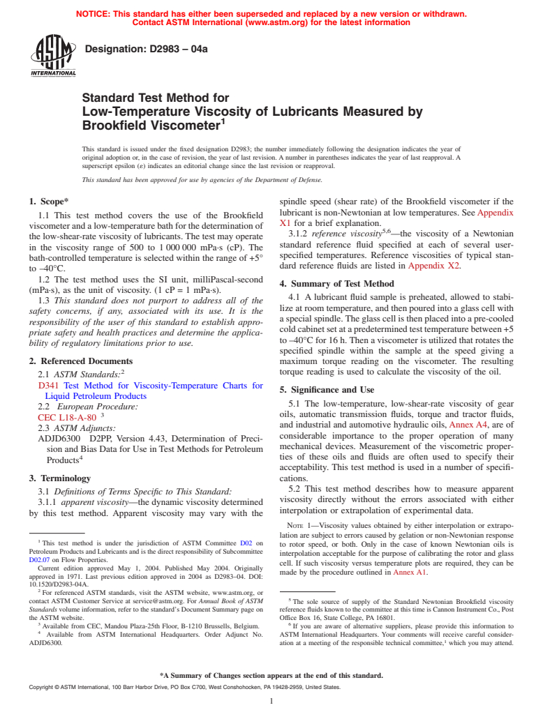 ASTM D2983-04a - Standard Test Method for Low-Temperature Viscosity of Lubricants Measured by Brookfield Viscometer