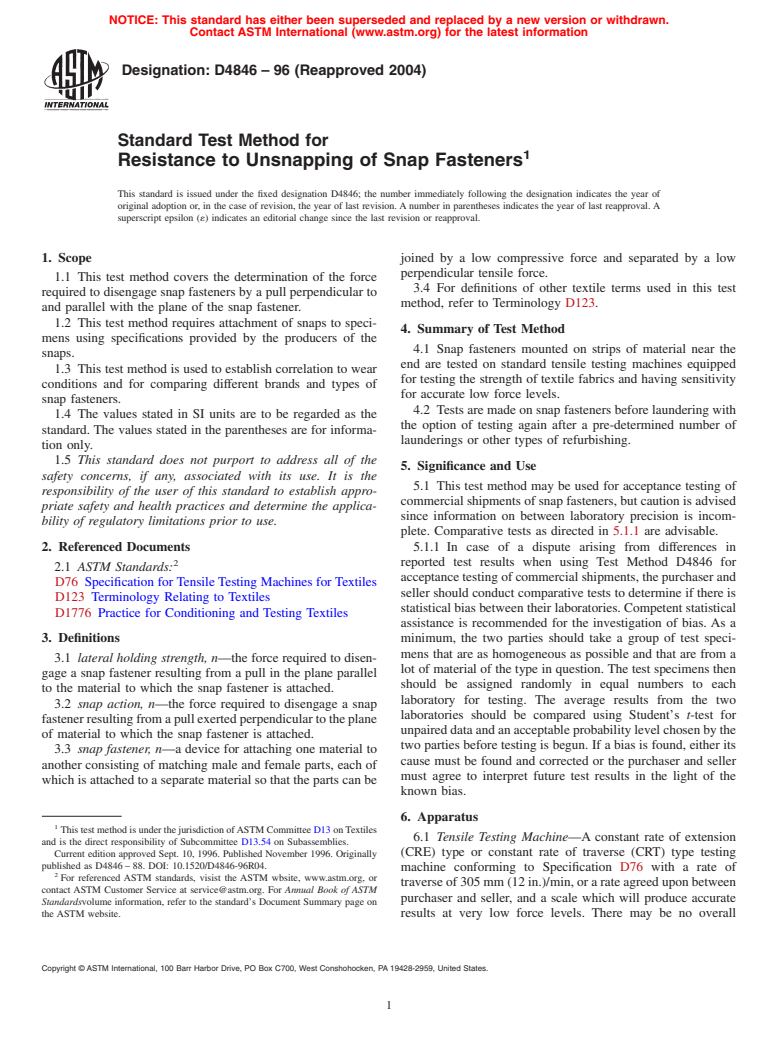 ASTM D4846-96(2004) - Standard Test Method for Resistance to Unsnapping of Snap Fasteners