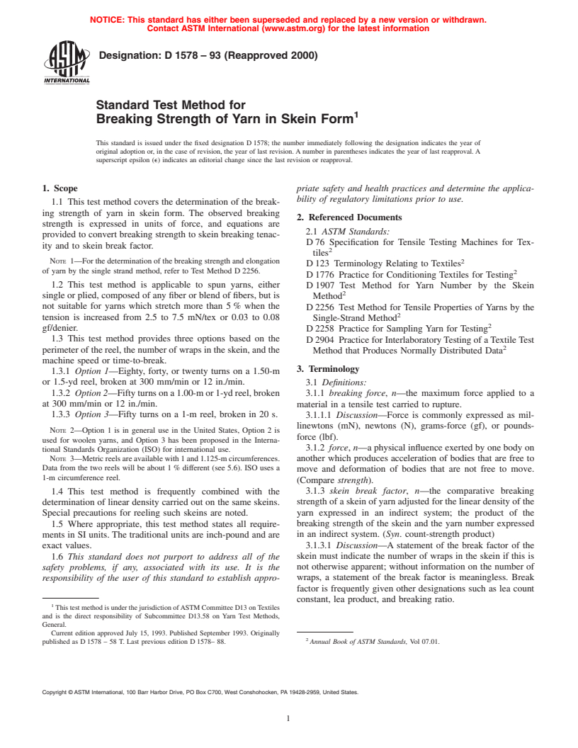 ASTM D1578-93(2000) - Standard Test Method for Breaking Strength of Yarn in Skein Form