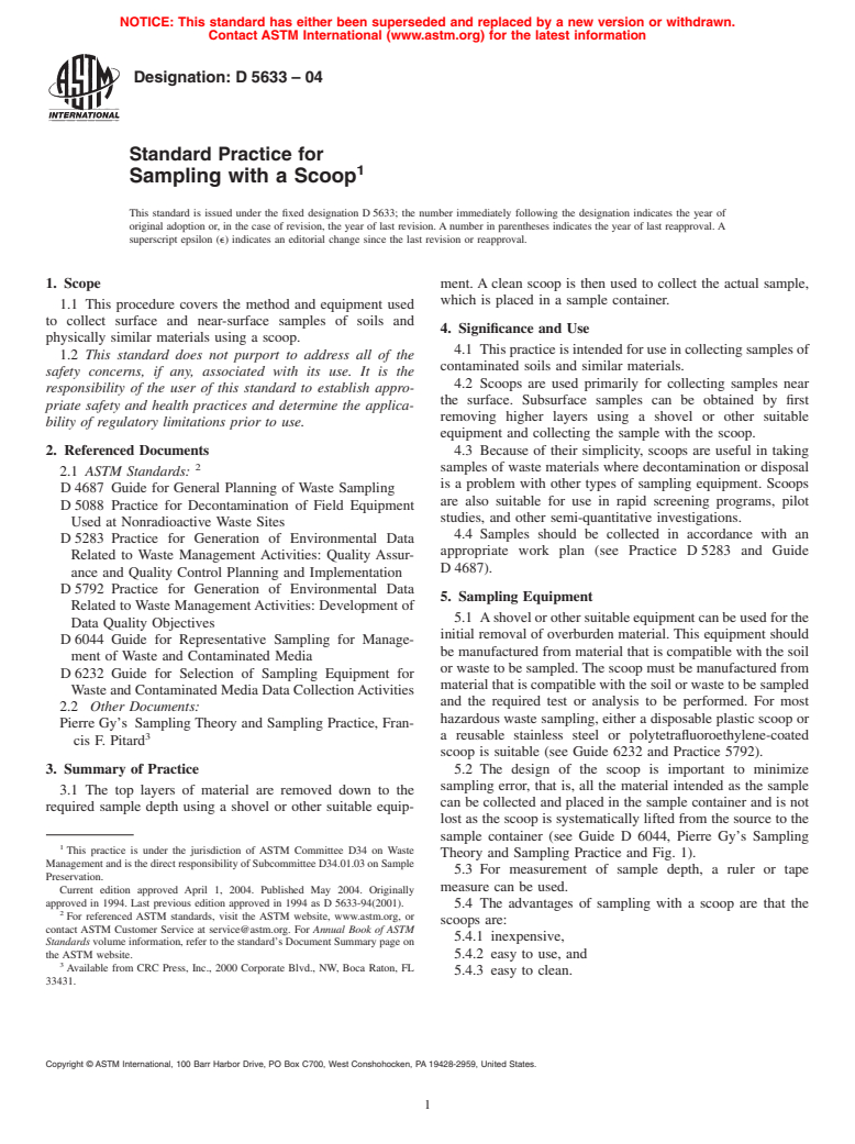 ASTM D5633-04 - Standard Practice for Sampling with a Scoop