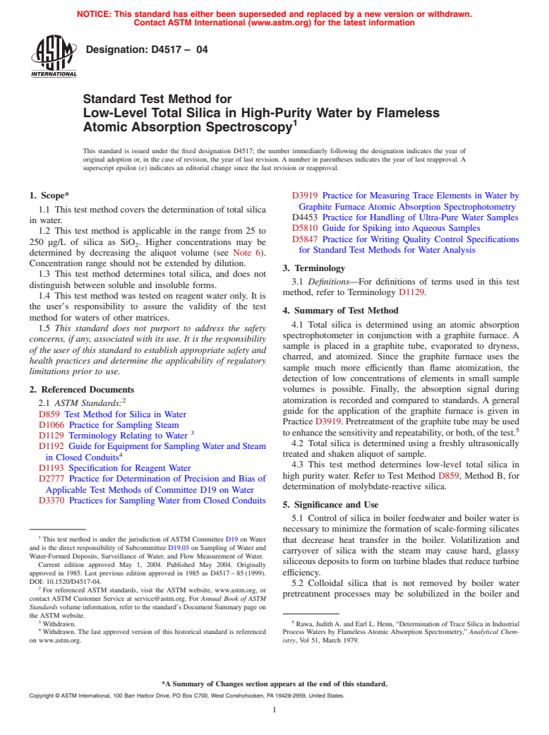 ASTM D4517-04 - Standard Test Method for Low-Level Total Silica in High-Purity Water by Flameless Atomic Absorption Spectroscopy