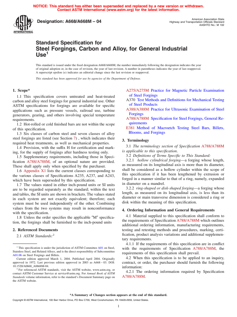 ASTM A668/A668M-04 - Standard Specification for Steel Forgings, Carbon and Alloy, for General Industrial Use