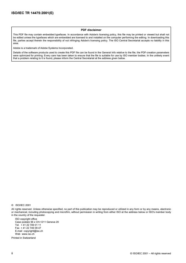 ISO/IEC TR 14475:2001 ISO/IEC TR 14475:2001 - Information technology -- Telecommunications and information exchange between systems -- Private Integrated Services Network -- Architecture and scenarios for Private Integrated Services Networking - Page 2 preview