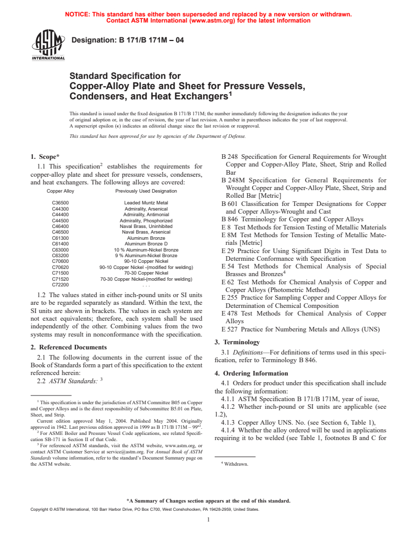 ASTM B171/B171M-04 - Standard Specification for Copper-Alloy Plate and Sheet for Pressure Vessels, Condensers, and Heat Exchangers