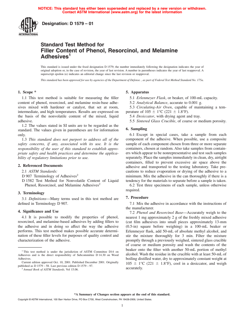 ASTM D1579-01 - Standard Test Method for Filler Content of Phenol, Resorcinol, and Melamine Adhesives