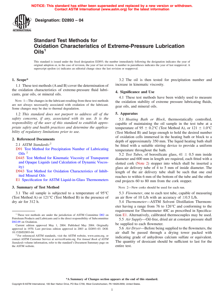 ASTM D2893-04 - Standard Test Method for Oxidation Characteristics of Extreme-Pressure Lubrication Oils