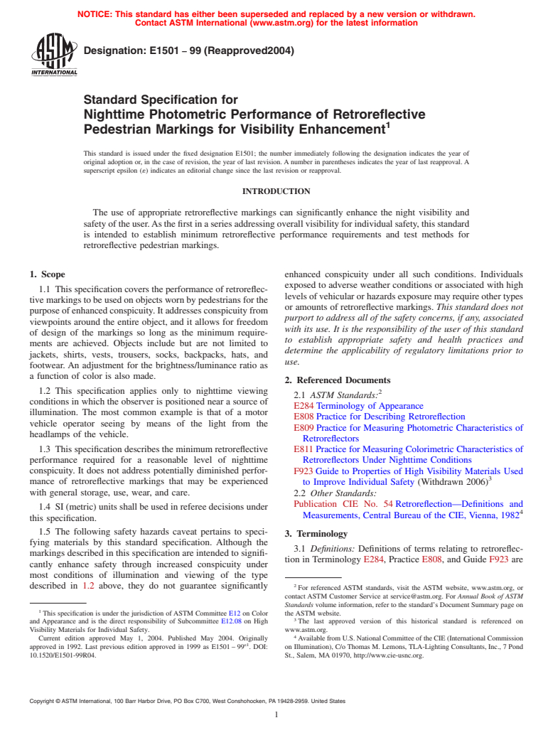 ASTM E1501-99(2004) - Standard Specification for Nighttime Photometric Performance of Retroreflective Pedestrian Markings for Visibility Enhancement (Withdrawn 2013)