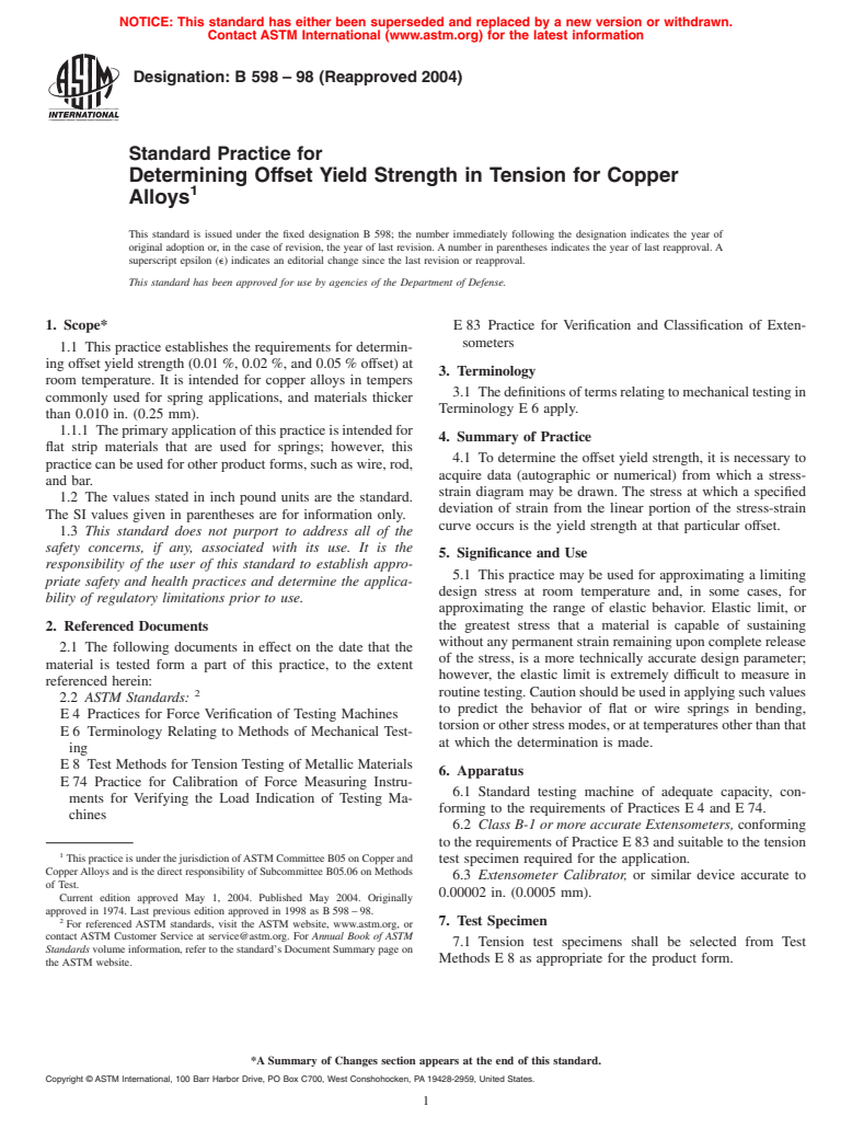 ASTM B598-98(2004) - Standard Practice for Determining Offset Yield Strength in Tension for Copper Alloys