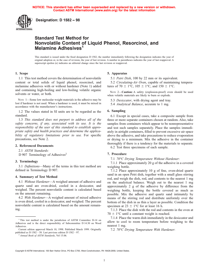 ASTM D1582-98 - Standard Test Method for Nonvolatile Content of Liquid Phenol, Resorcinol, and Melamine Adhesives