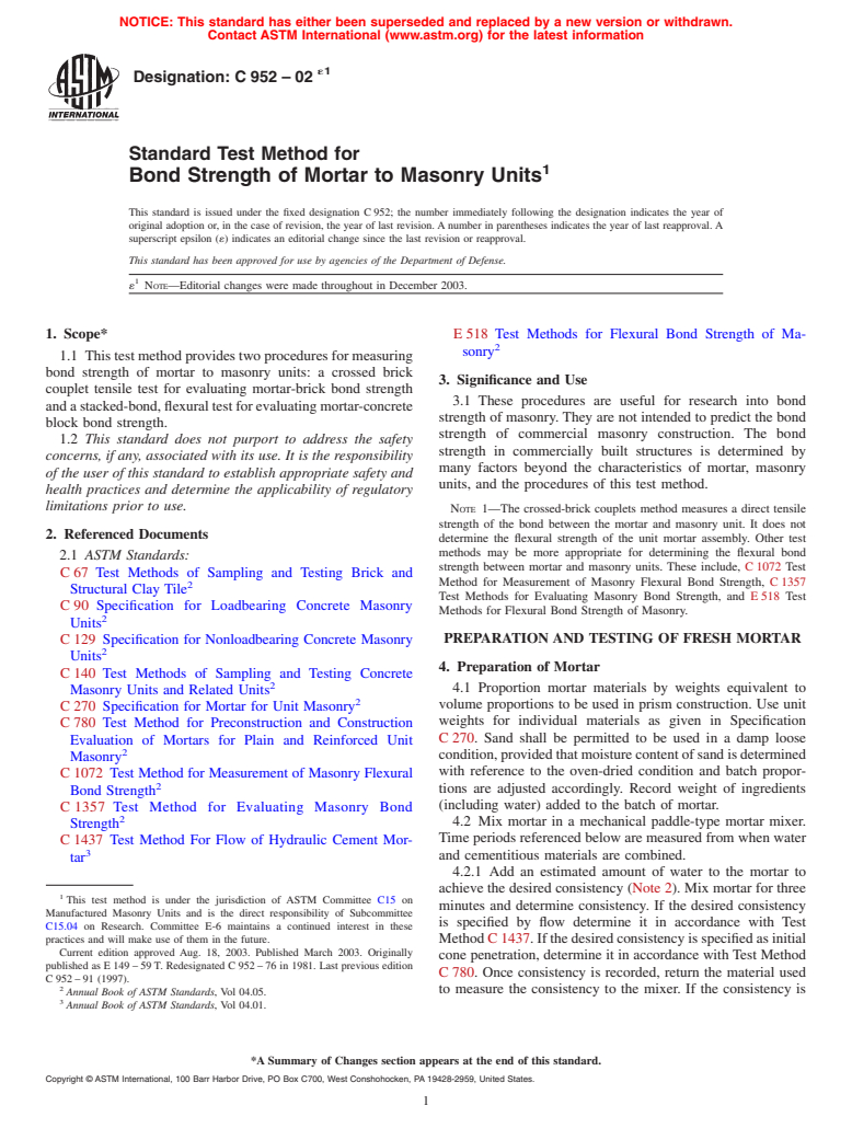 ASTM C952-02e1 - Standard Test Method for Bond Strength of Mortar to Masonry Units