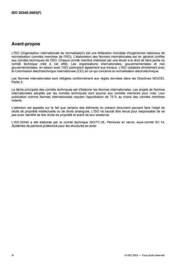 ISO 20340:2003 ISO 20340:2003 - Peintures et vernis -- Exigences de performance relatives aux systemes de peinture pour la protection des structures offshore et structures associées - Page 4 preview