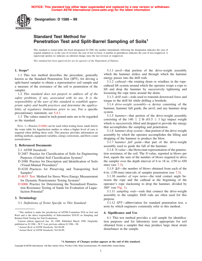 ASTM D1586-99 - Standard Test Method for Penetration Test and Split-Barrel Sampling of Soils