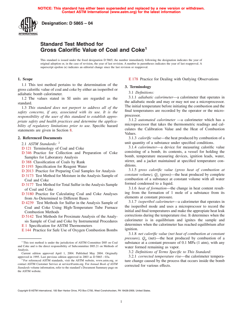 ASTM D5865-04 - Standard Test Method for Gross Calorific Value of Coal and Coke