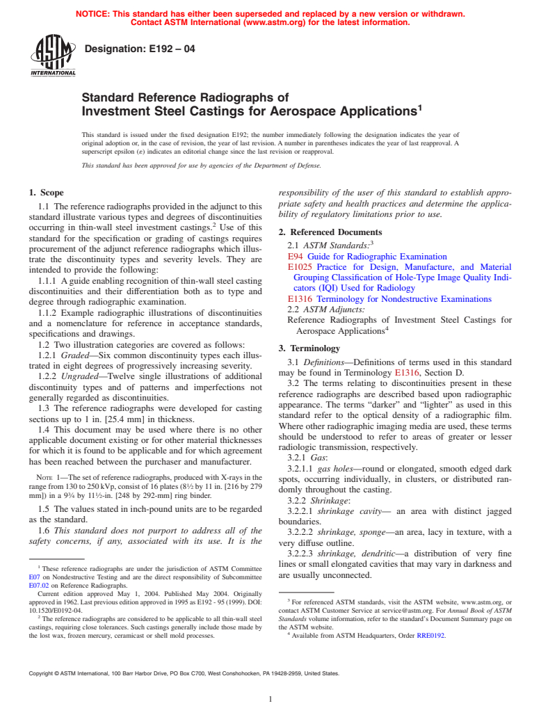 ASTM E192-04 - Standard Reference Radiographs for Investment Steel Castings of Aerospace Applications