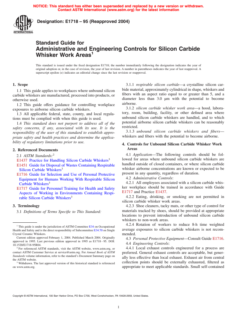 ASTM E1718-95(2004) - Standard Guide for Administrative and Engineering Controls for Silicon Carbide Whisker Work Areas (Withdrawn 2010)