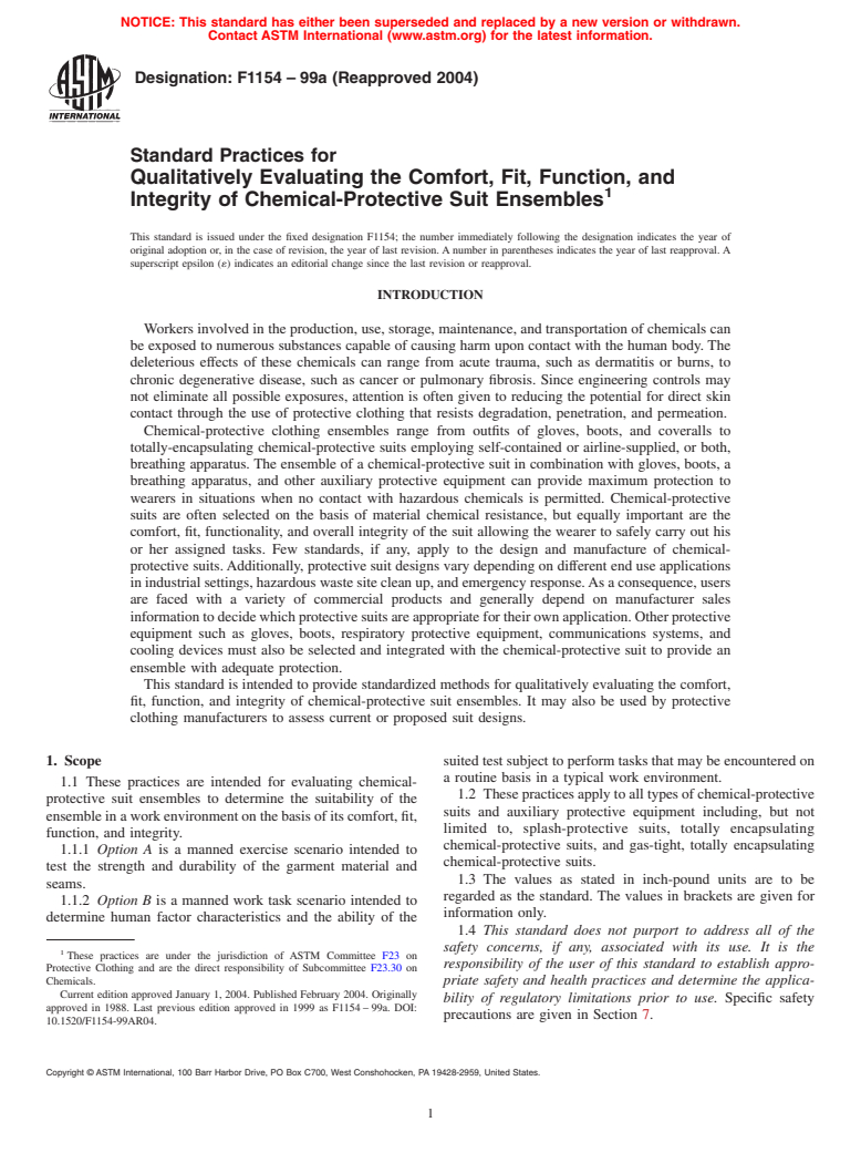 ASTM F1154-99a(2004) - Standard Practices for Qualitatively Evaluating the Comfort, Fit, Function, and Integrity of Chemical-Protective Suit Ensembles