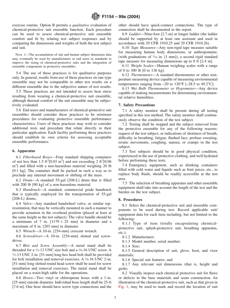 ASTM F1154-99a(2004) - Standard Practices for Qualitatively Evaluating the Comfort, Fit, Function, and Integrity of Chemical-Protective Suit Ensembles