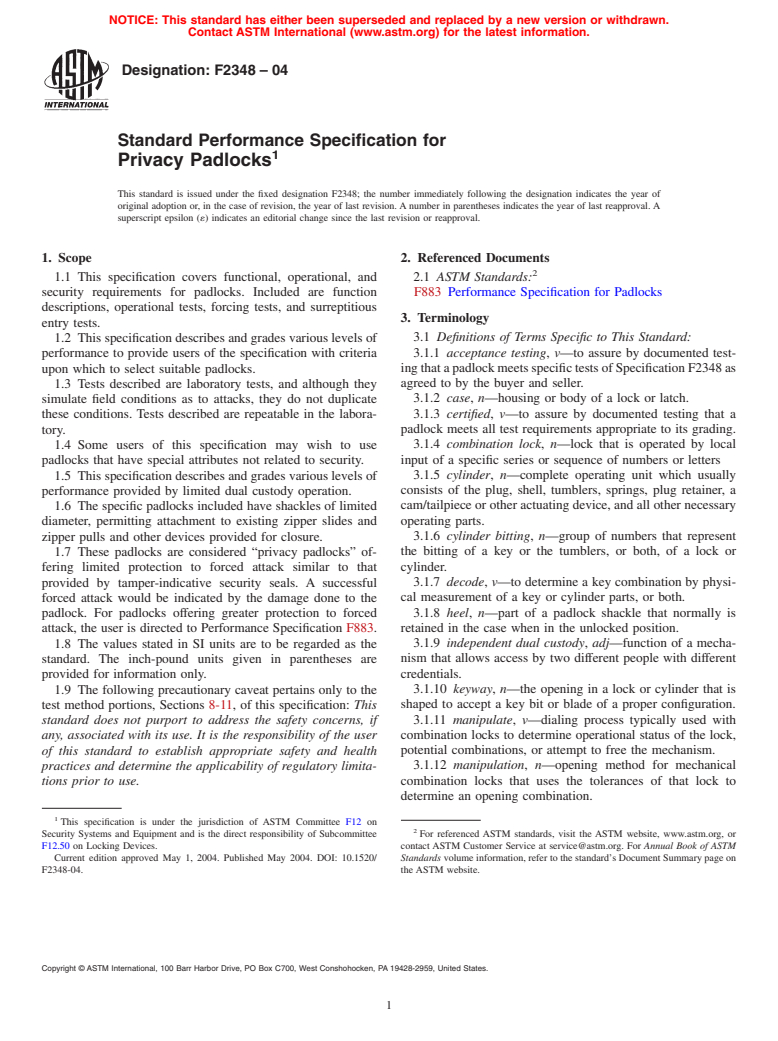 ASTM F2348-04 - Standard Performance Specification for Privacy Padlocks