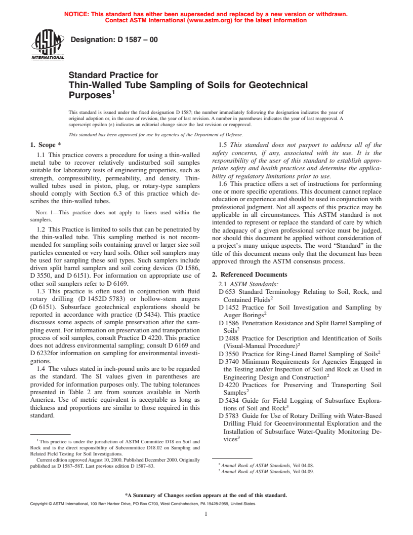 ASTM D1587-00 - Standard Practice for Thin-Walled Tube Sampling of Soils for Geotechnical Purposes