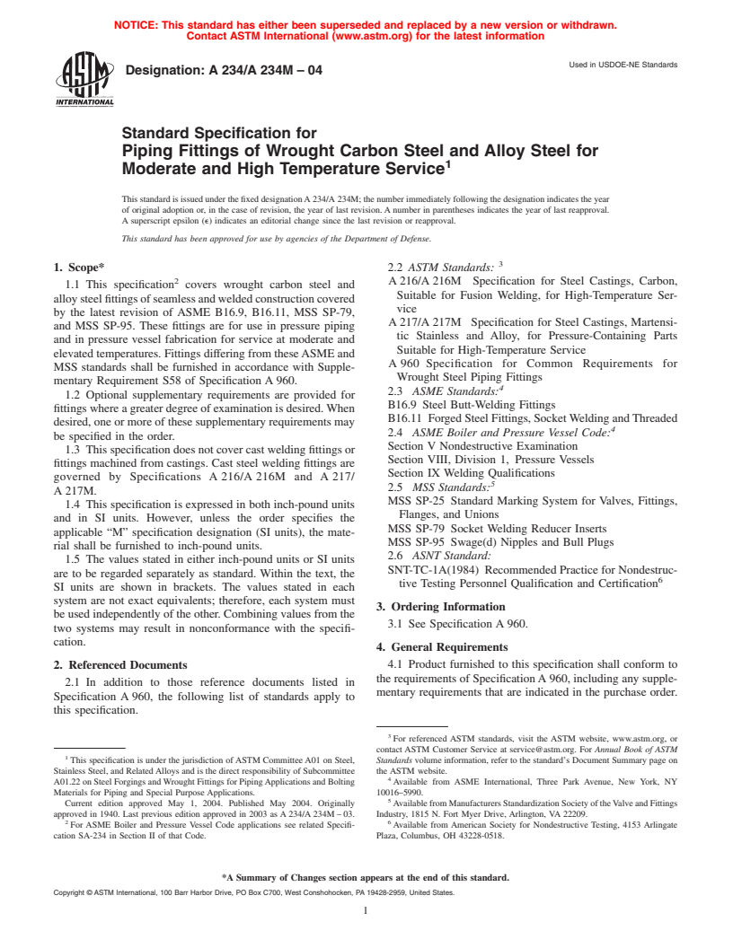 ASTM A234/A234M-04 - Standard Specification for Piping Fittings of Wrought Carbon Steel and Alloy Steel for Moderate and High Temperature Service