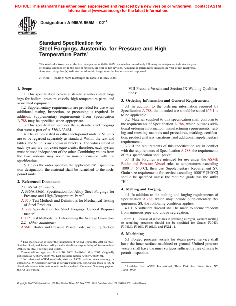 ASTM A965/A965M-02e1 - Standard Specification for Steel Forgings, Austenitic, for Pressure and High Temperature Parts