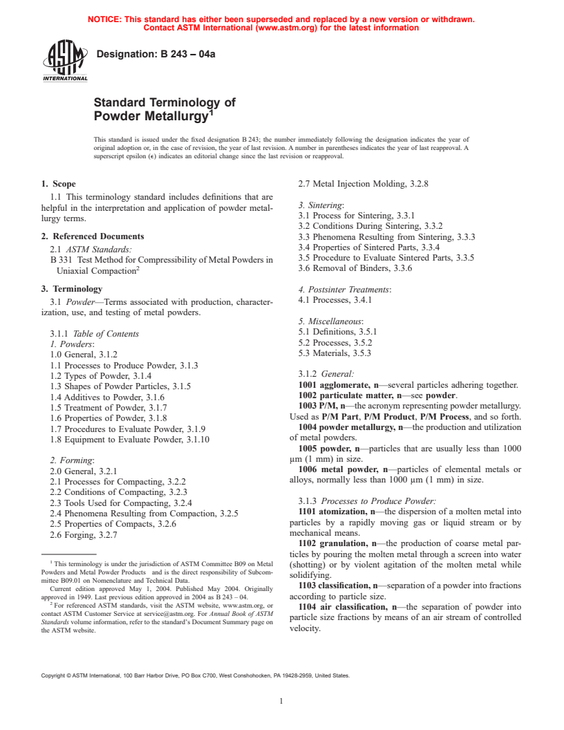 ASTM B243-04a - Standard Terminology of Powder Metallurgy
