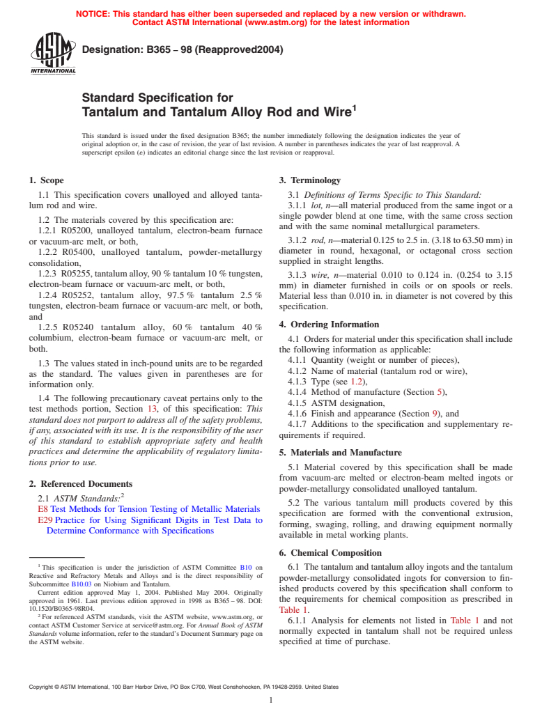 ASTM B365-98(2004) - Standard Specification for Tantalum and Tantalum Alloy Rod and Wire