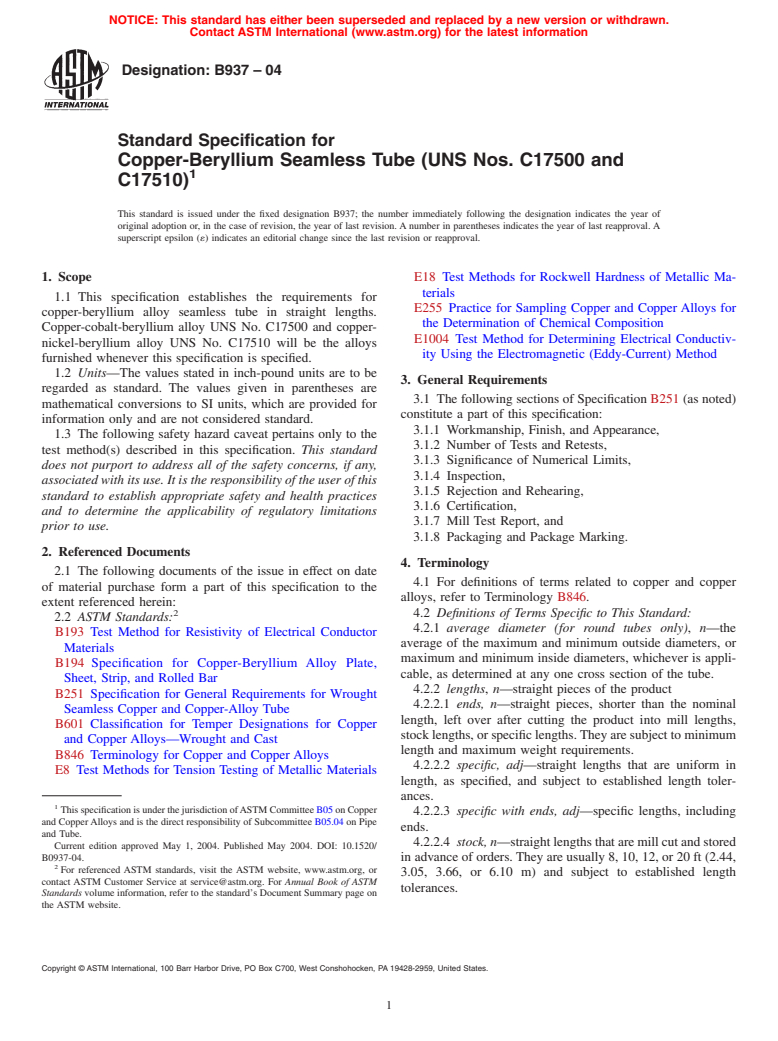 ASTM B937-04 - Standard Specification for Copper-Beryllium Seamless Tube (UNS Nos. C17500 and C17510)