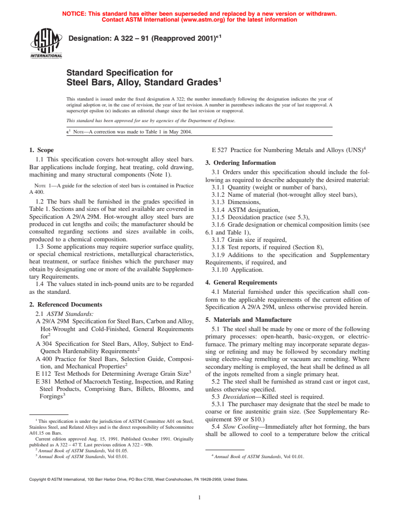 ASTM A322-91(2001)e1 - Standard Specification for Steel Bars, Alloy, Standard Grades