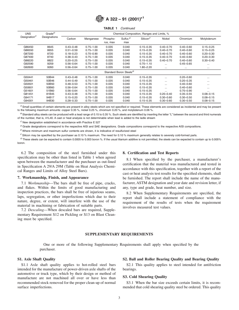 ASTM A322-91(2001)e1 - Standard Specification for Steel Bars, Alloy, Standard Grades