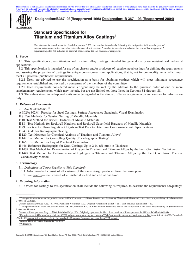 REDLINE ASTM B367-93(2004) - Standard Specification for Titanium and Titanium Alloy Castings