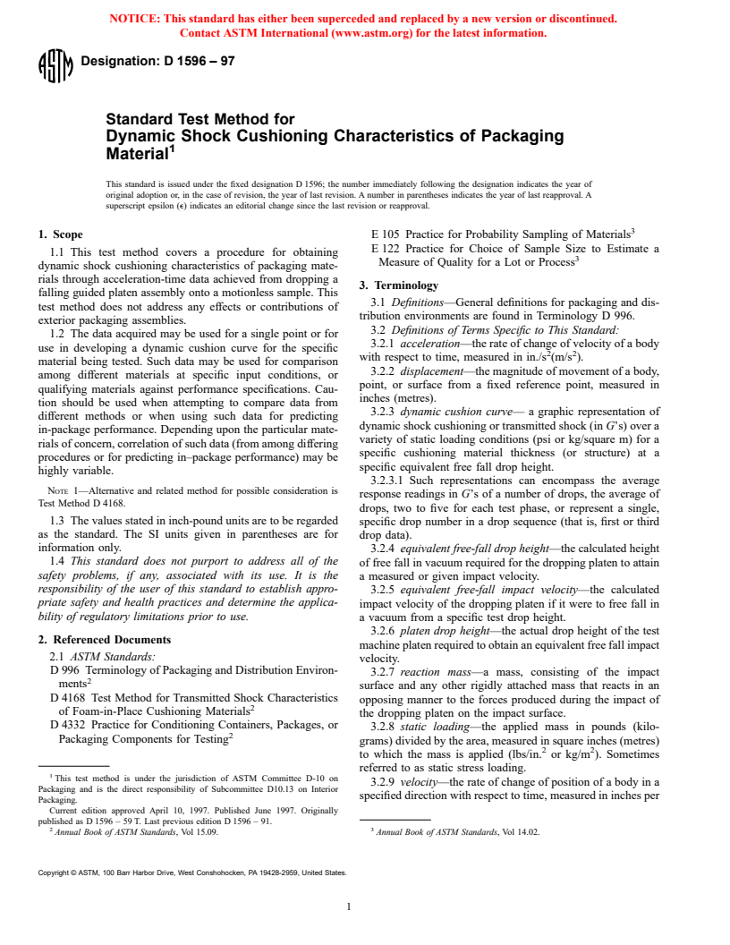 ASTM D1596-97 - Standard Test Method for Dynamic Shock Cushioning Characteristics of Packaging Material