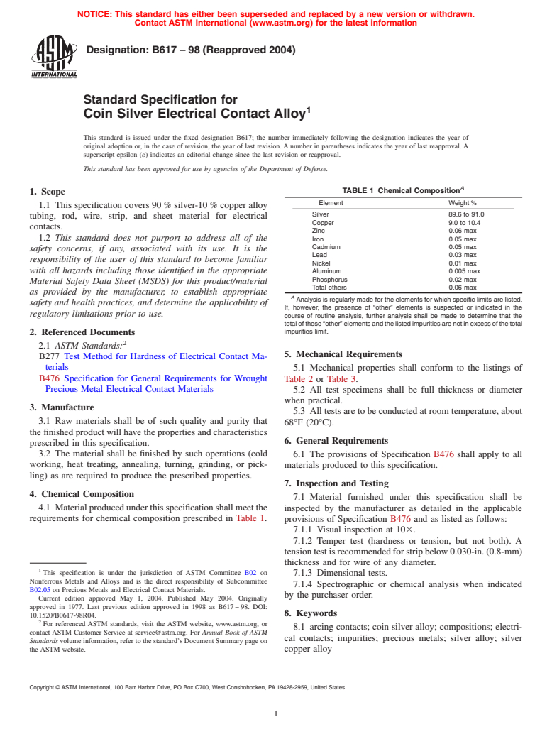 ASTM B617-98(2004) - Standard Specification for Coin Silver Electrical Contact Alloy