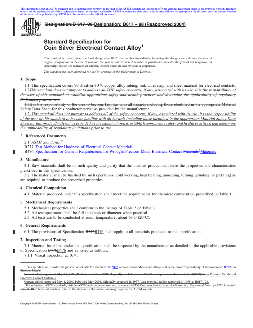 REDLINE ASTM B617-98(2004) - Standard Specification for Coin Silver Electrical Contact Alloy