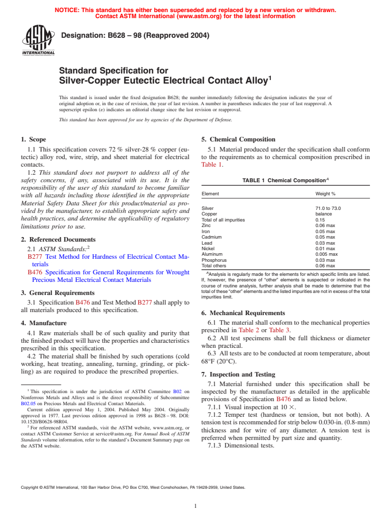 ASTM B628-98(2004) - Standard Specification for Silver-Copper Eutectic Electrical Contact Alloy