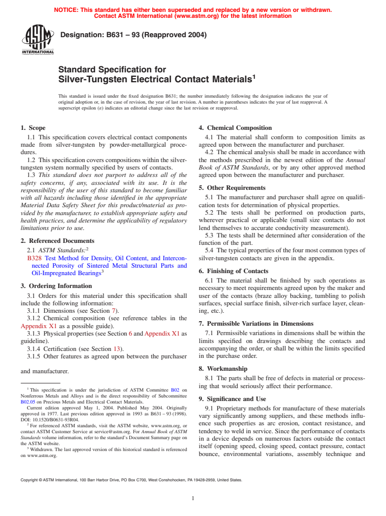 ASTM B631-93(2004) - Standard Specification for Silver-Tungsten Electrical Contact Materials