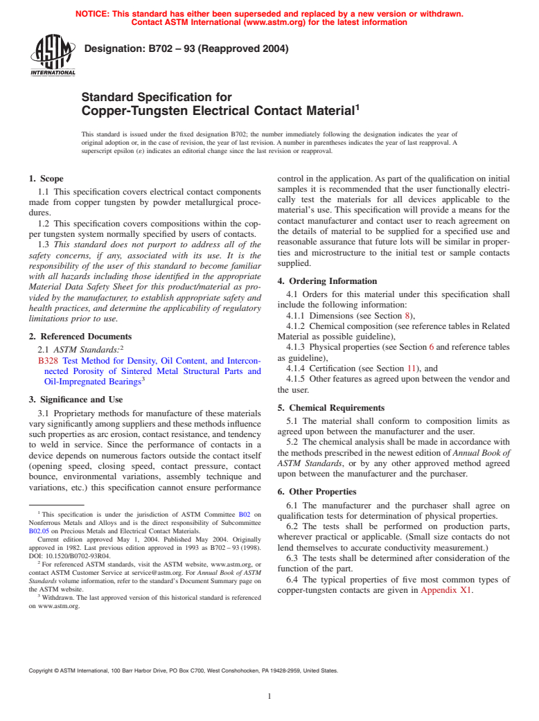 ASTM B702-93(2004) - Standard Specification for Copper-Tungsten Electrical Contact Material