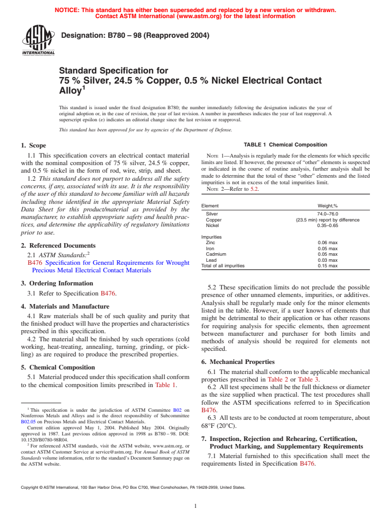 ASTM B780-98(2004) - Standard Specification for 75% Silver, 24.5% Copper, 0.5% Nickel Electrical Contact Alloy