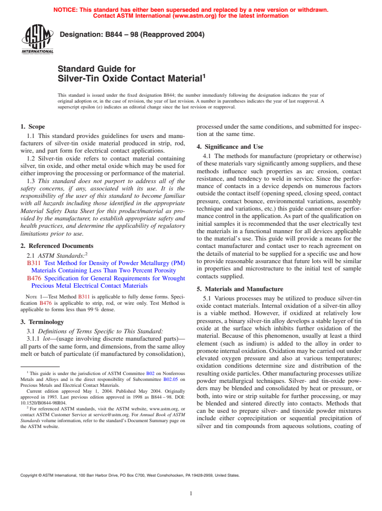 ASTM B844-98(2004) - Standard Guide for Silver-Tin Oxide Contact Material