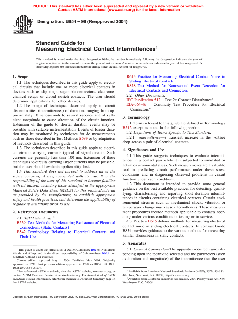 ASTM B854-98(2004) - Standard Guide for Measuring Electrical Contact Intermittences