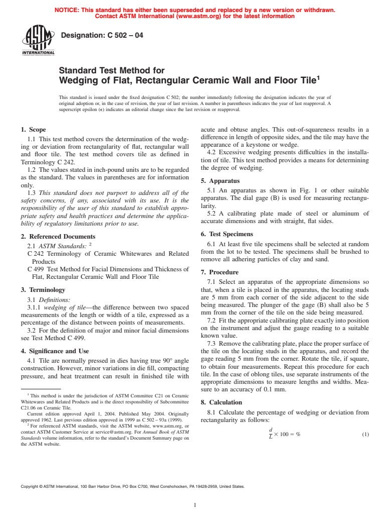 ASTM C502-04 - Standard Test Method for Wedging of Flat, Rectangular Ceramic Wall and Floor Tile